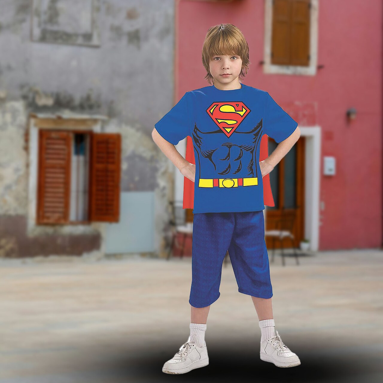 Boys Superman TShirt Costume with Removable Cape DC Comics Inspired Size 12-14
